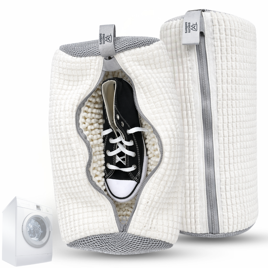 White SWCM shoe washing bags with a sneaker inside