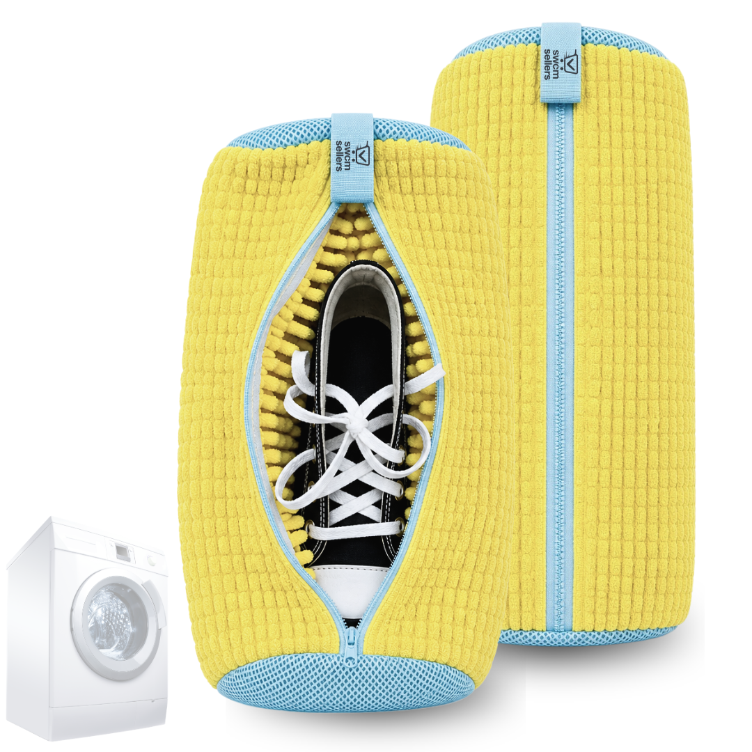 Yellow SWCM shoe washing bags with blue trim and a sneaker inside